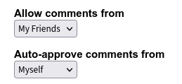 Two dropdown boxes labelled "Allow comments from" and "Auto-approve comments from"